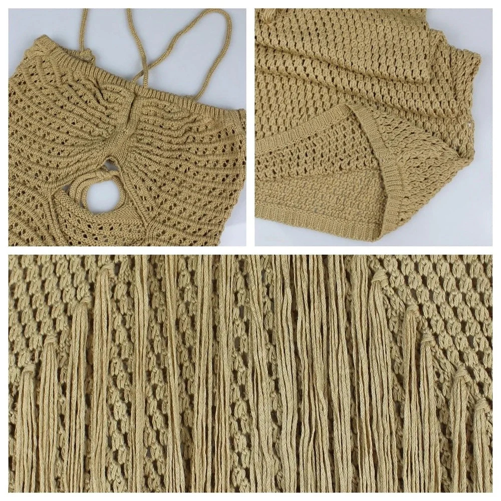 boho crochet fringe maxi dress M tan cutout lace up back resort